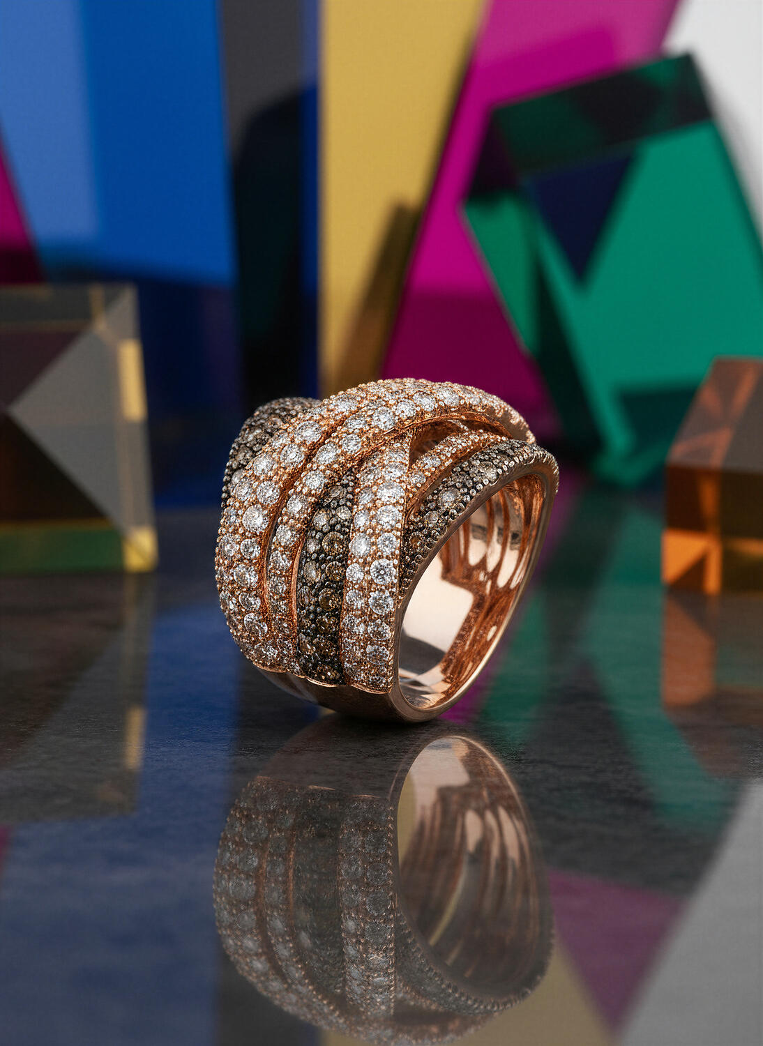 Editorial jewelry image using color and controlled light to create visual contrast.